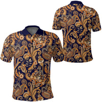 Paisley bandana polo set: front and back views, navy with orange/yellow paisley print