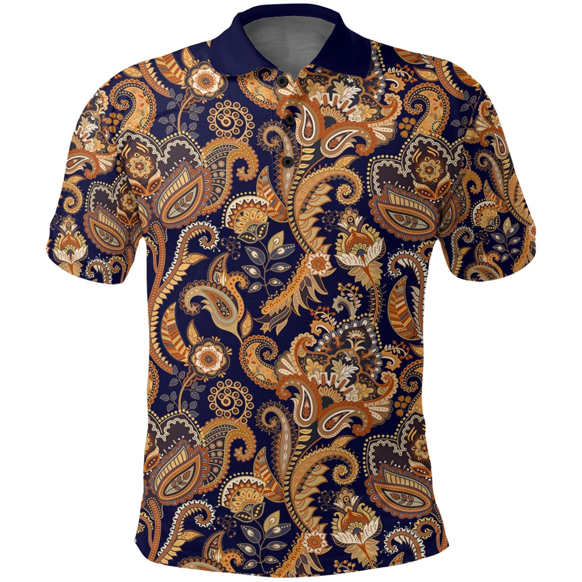 Paisley bandana polo, navy button-up front with orange/yellow ornate print