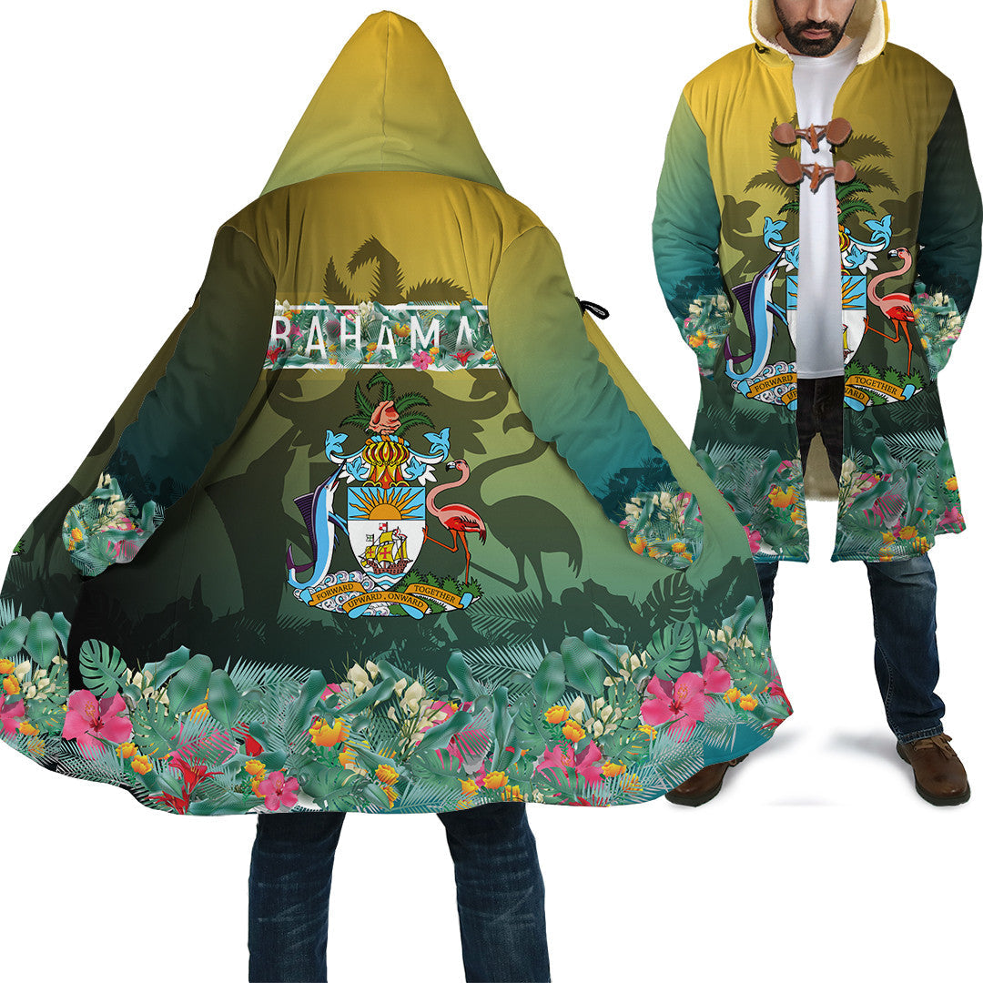 Unisex capa con capucha y estampado escudo de Bahamas, colores verde y dorado