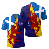 Colorful polo with blue saltire, red lion crest, and diagonal yellow stripe panel