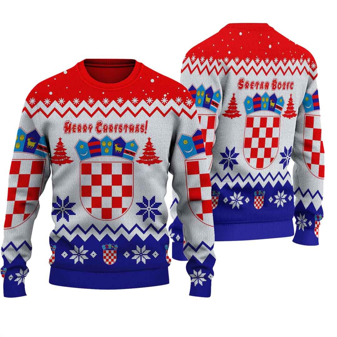 Knitted Christmas sweater set with red, gray, blue holiday patterns and crest, trees, snowflakes