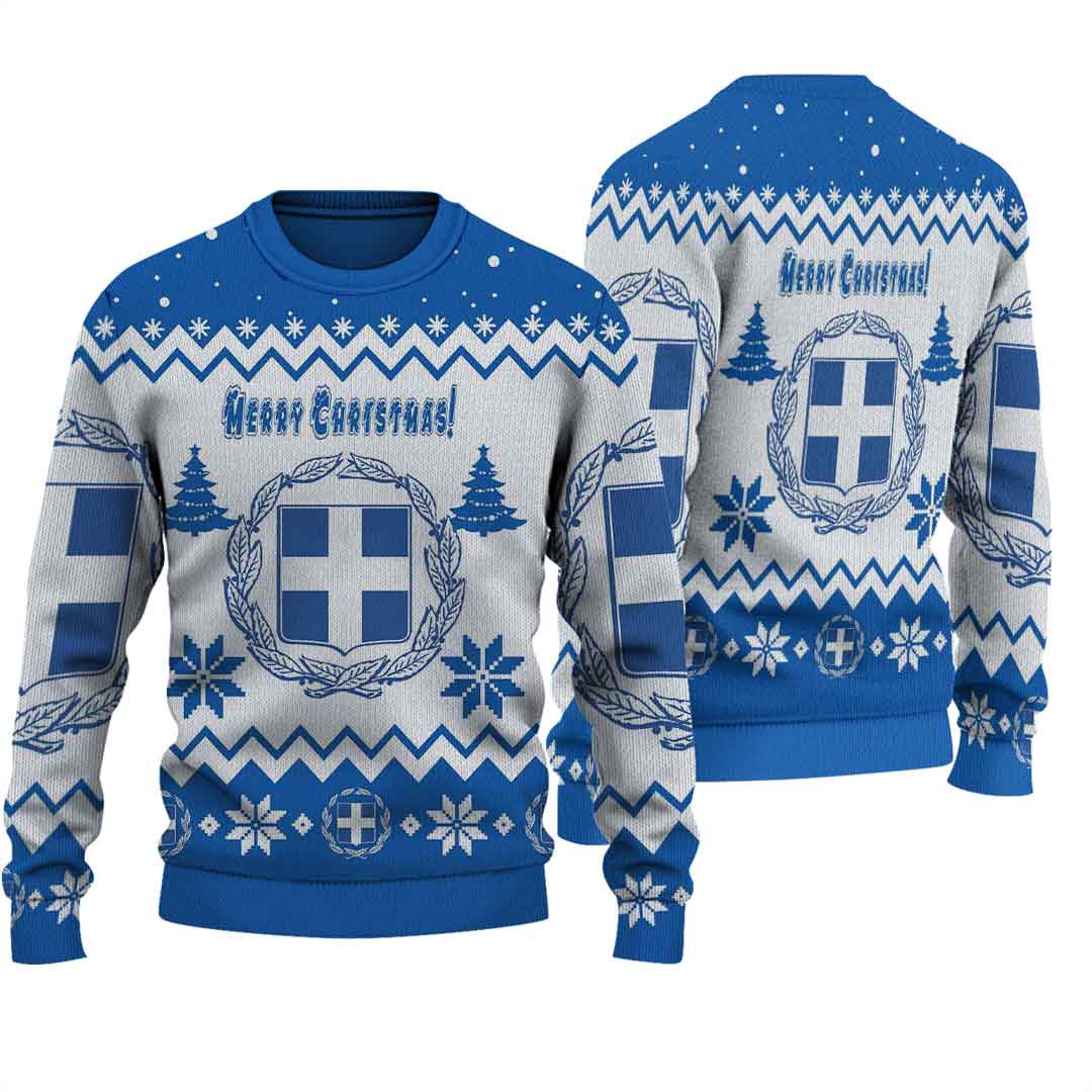 Blue and white knitted Christmas sweater with 'Merry Christmas' and wreath