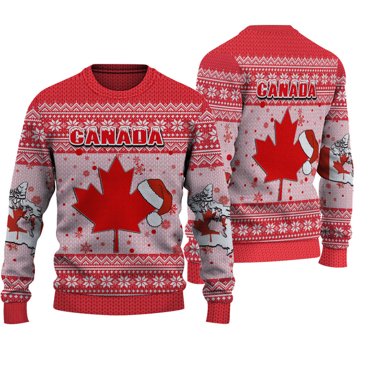 Red Canada Christmas knitted sweater with maple leaf, snowflakes, and Canada text