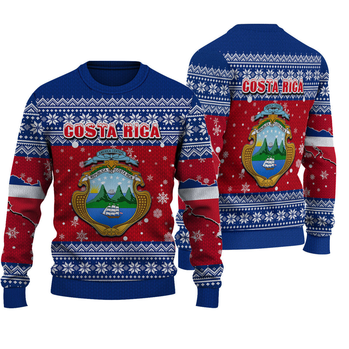 Christmas knitted sweater, red and blue with Costa Rica crest graphic on front and back