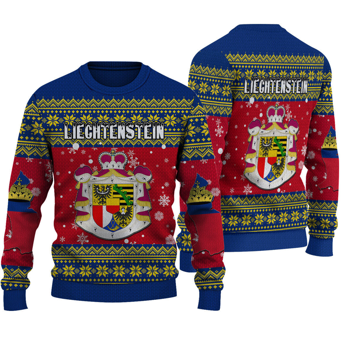 Knitted Christmas sweater with blue yoke, red crest graphic, and fair isle pattern