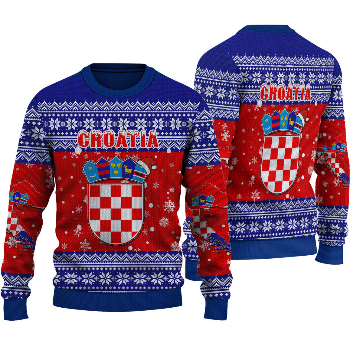 Croatia knit Christmas sweater with blue/red shield graphic, long sleeves