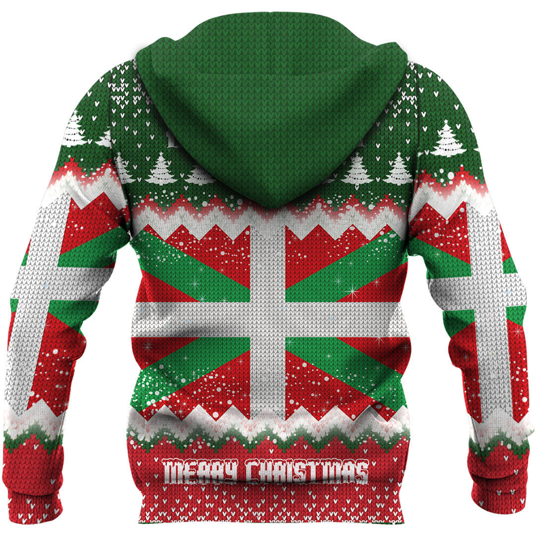 Christmas pullover hoodie with green hood and full back red white green festive panel