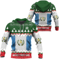 Christmas knit pullover hoodie with green hood, blue and white panels, red cuffs, Merry Christmas text