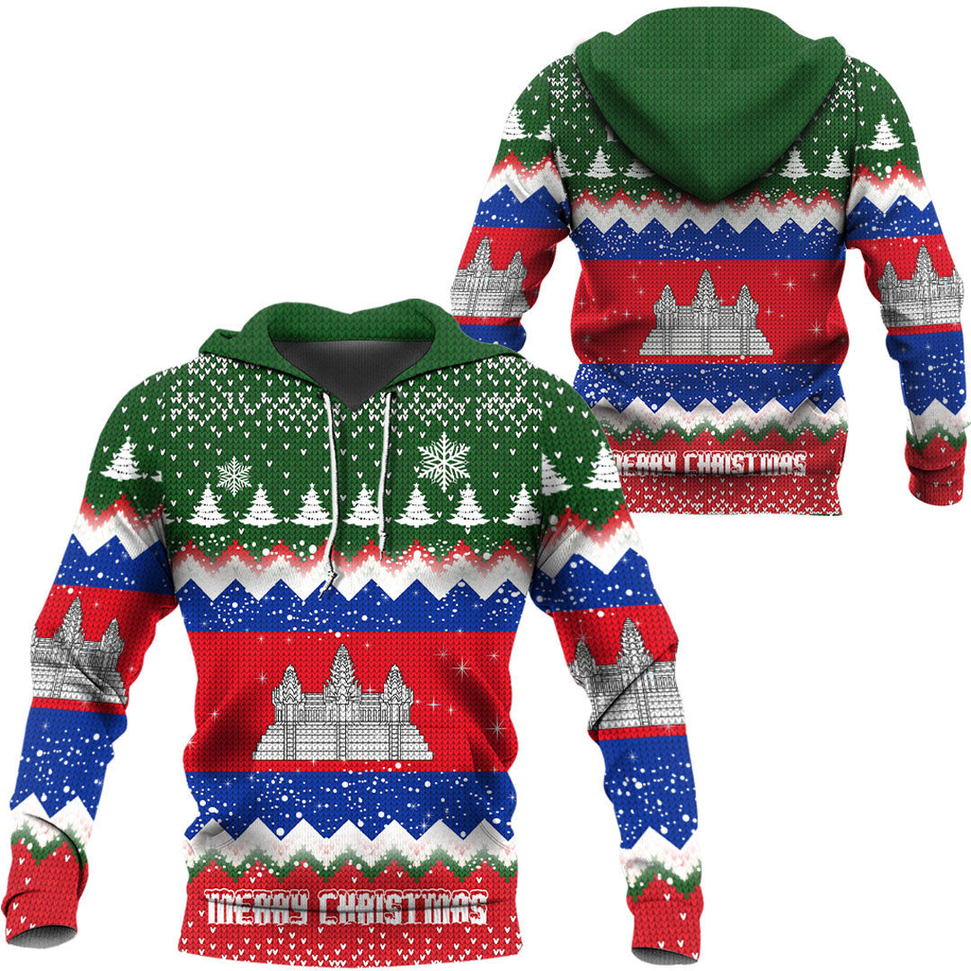 Green hooded pullover hoodie with multicolor castle and Merry Christmas text graphic