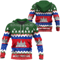 Green hooded pullover hoodie with multicolor castle and Merry Christmas text graphic