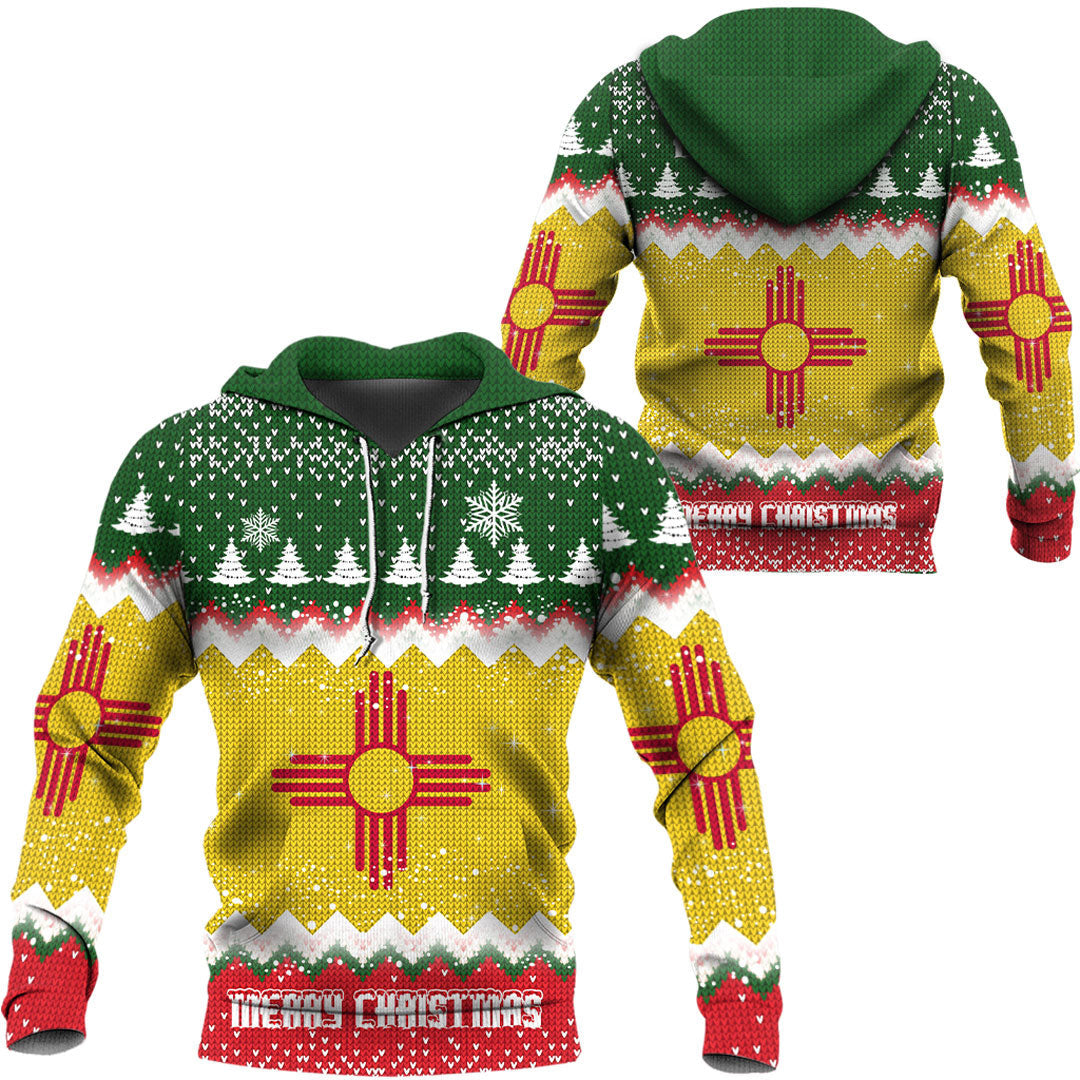 Green hooded pullover hoodie with multicolor Christmas knit New Mexico flag print