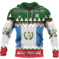 Christmas pullover hoodie with green hood, blue/white/red knit pattern and Merry Christmas graphic