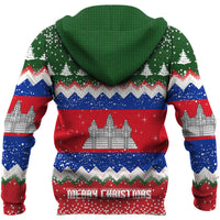 Green hooded pullover hoodie with large back castle graphic and Merry Christmas text