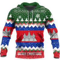 Green hooded pullover hoodie with holiday trees, castle, and Merry Christmas text print