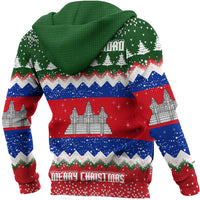 Green hooded pullover hoodie with 'Merry Christmas' text and castle winter scene print