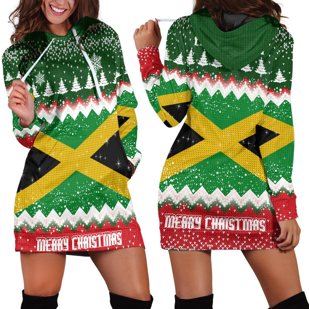 Green Christmas hoodie dress with white zigzag, star print, red cuff, and hood.