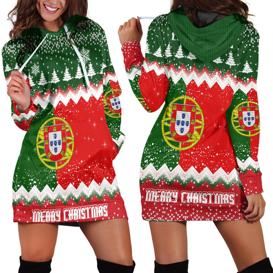 Green and red Christmas hoodie dress with hood, drawstrings, and festive knit print