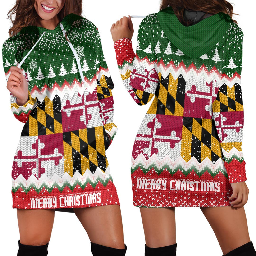 Holiday hoodie dress in green with white trees and zigzag candy-cane print, drawstring hood