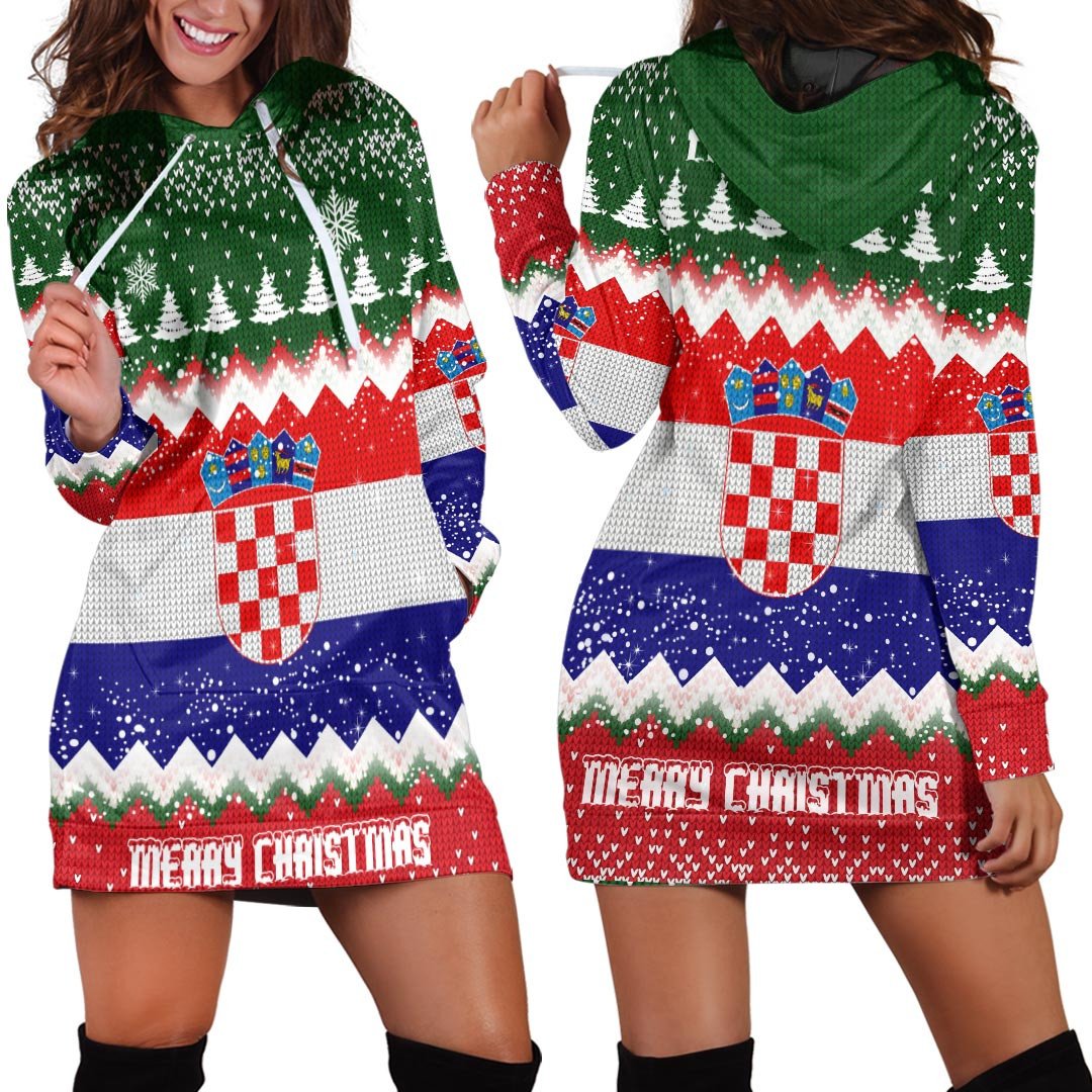 Hoodie dress with holiday knit pattern, hood, long sleeves; red green white blue, Merry Christmas print
