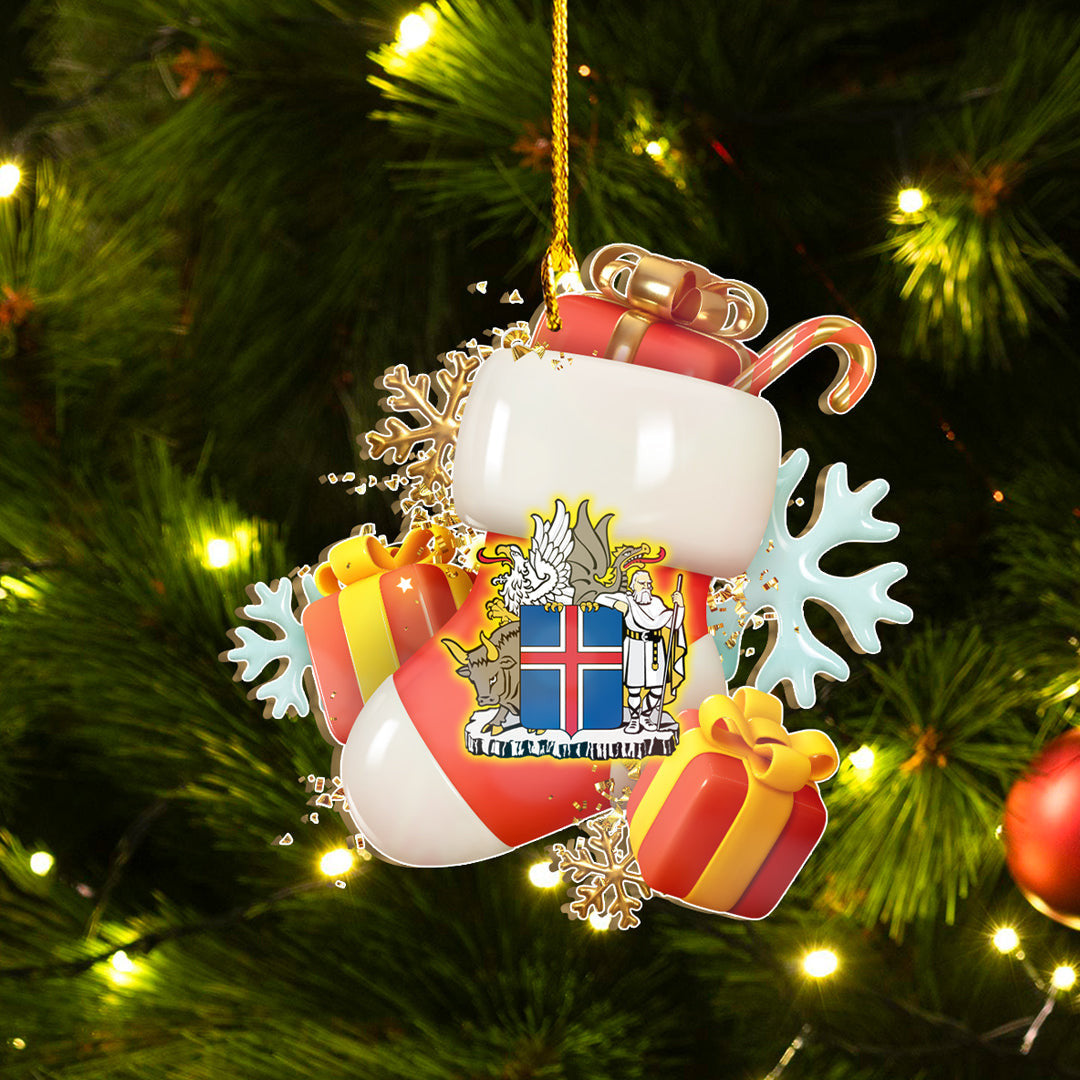 Hanging Christmas ornament with Iceland flag, snowflakes, and red gift shapes
