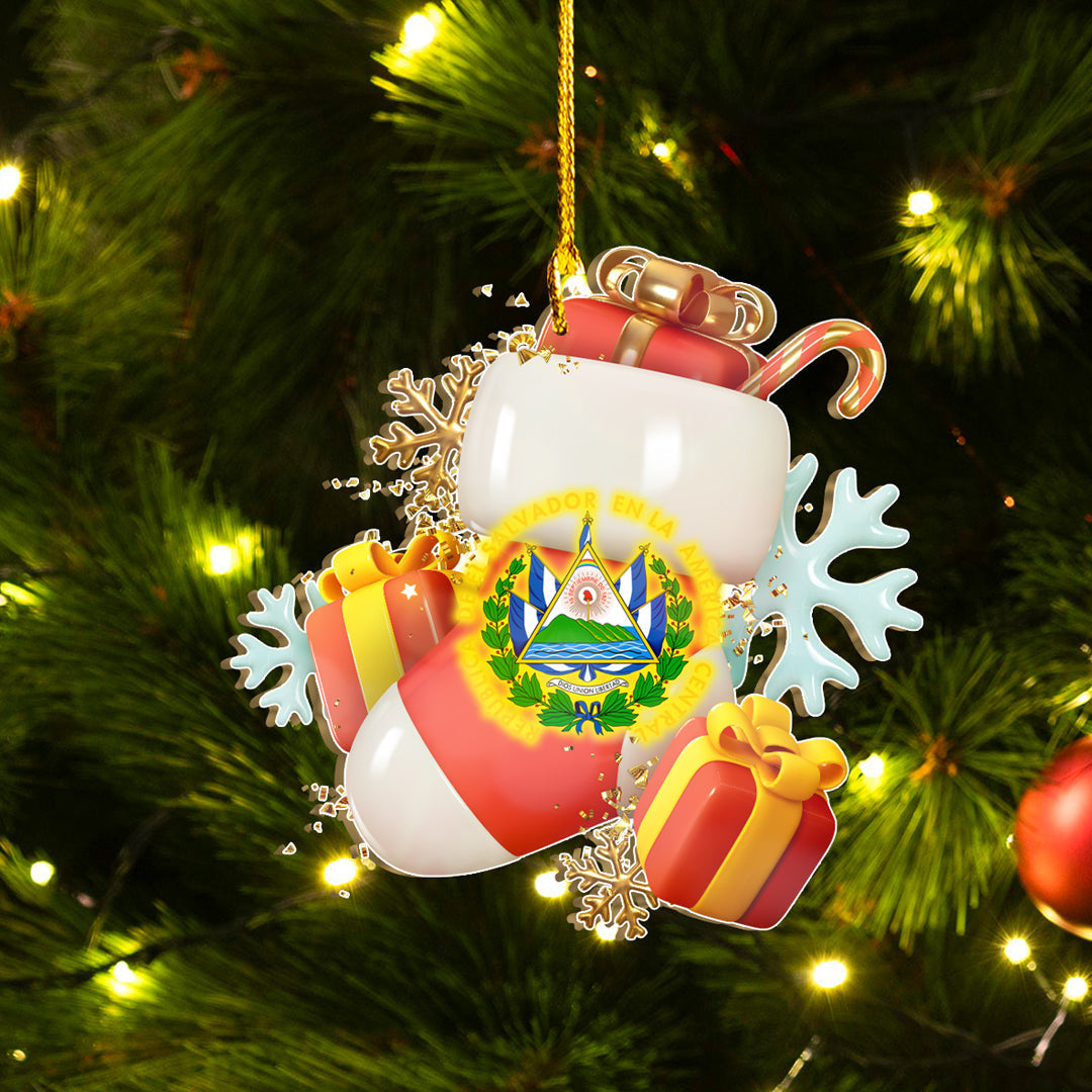 El Salvador holiday shape ornament with white mug and coat of arms, hanging on gold string