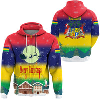 Christmas graphic pullover hoodie with hood and white drawstrings, red-blue-yellow-green gradient