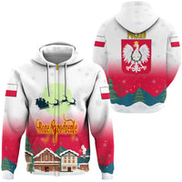 Pullover hoodie in white with red gradient print, Polish crest, sleigh and trees, hood strings