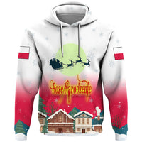 Pullover hoodie in white with red gradient front print, sleigh scene and Polish text, drawstrings