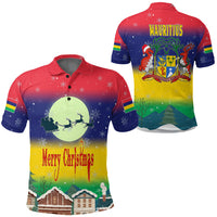 Mauritius polo shirt with Merry Christmas print, snowflakes, red-blue-green gradient, short sleeves