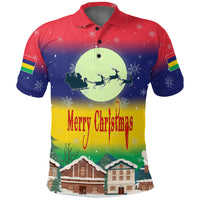 Mauritius polo shirt with Merry Christmas text, Santa sleigh graphic, snowflakes, gradient background