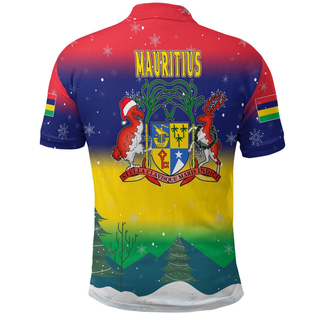 Mauritius polo shirt back with Mauritius crest, snowflakes, red-blue-yellow gradient, short sleeves