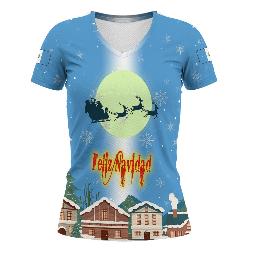 Women's blue V-neck T-shirt with lime circle sleigh graphic and red “Feliz Navidad”