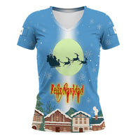 Women's blue V-neck T-shirt with lime circle sleigh graphic and red “Feliz Navidad”