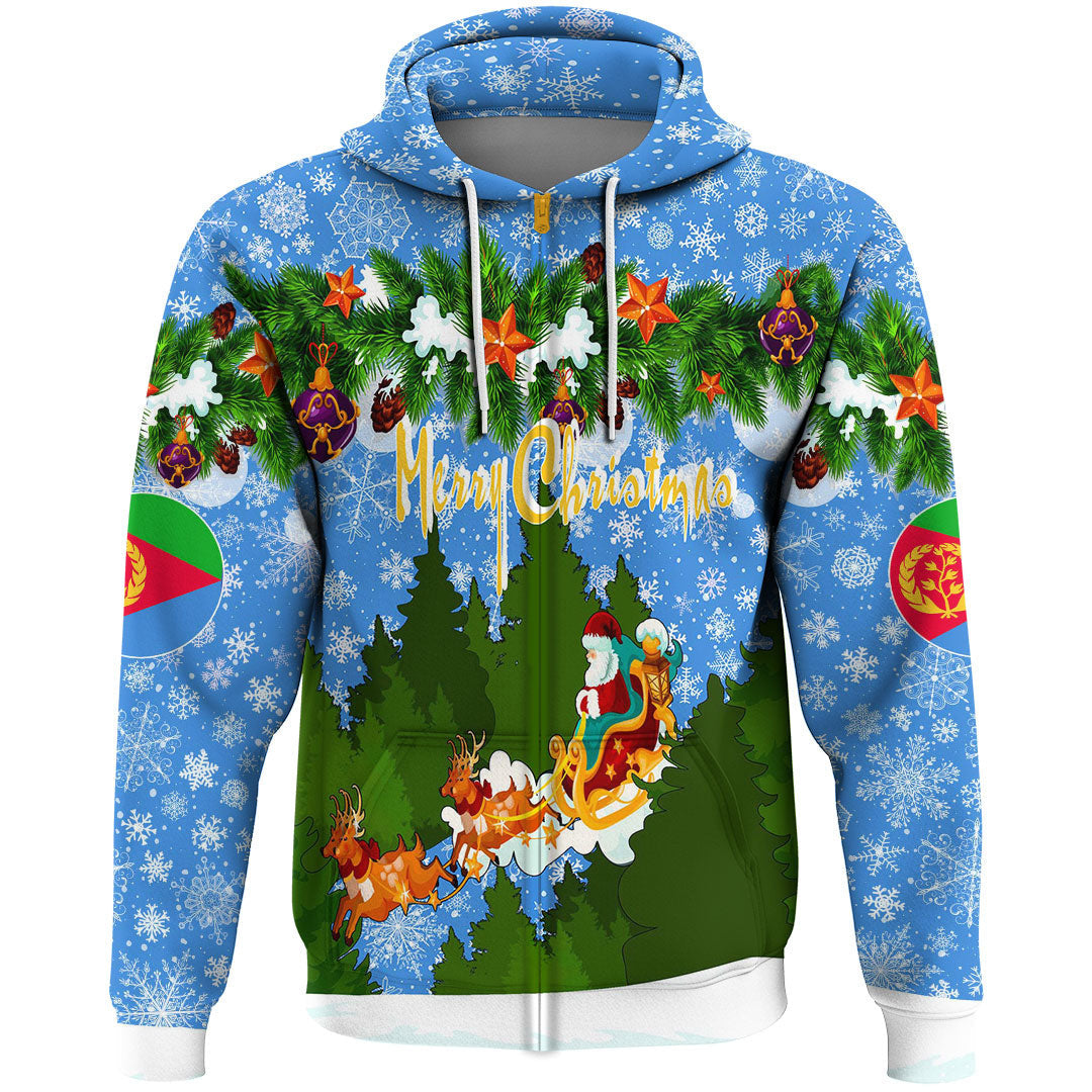 Blue pullover hoodie with Merry Christmas front scene and ornament sleeve details