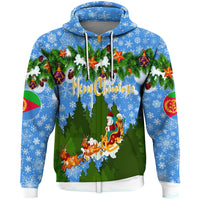 Blue pullover hoodie with Merry Christmas front scene and ornament sleeve details