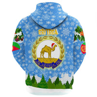 Blue pullover hoodie with ERITREA crest on back and snowy snowflake pattern