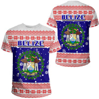 Christmas T-shirt with red fair isle pattern and blue BELIZE crest, front and back
