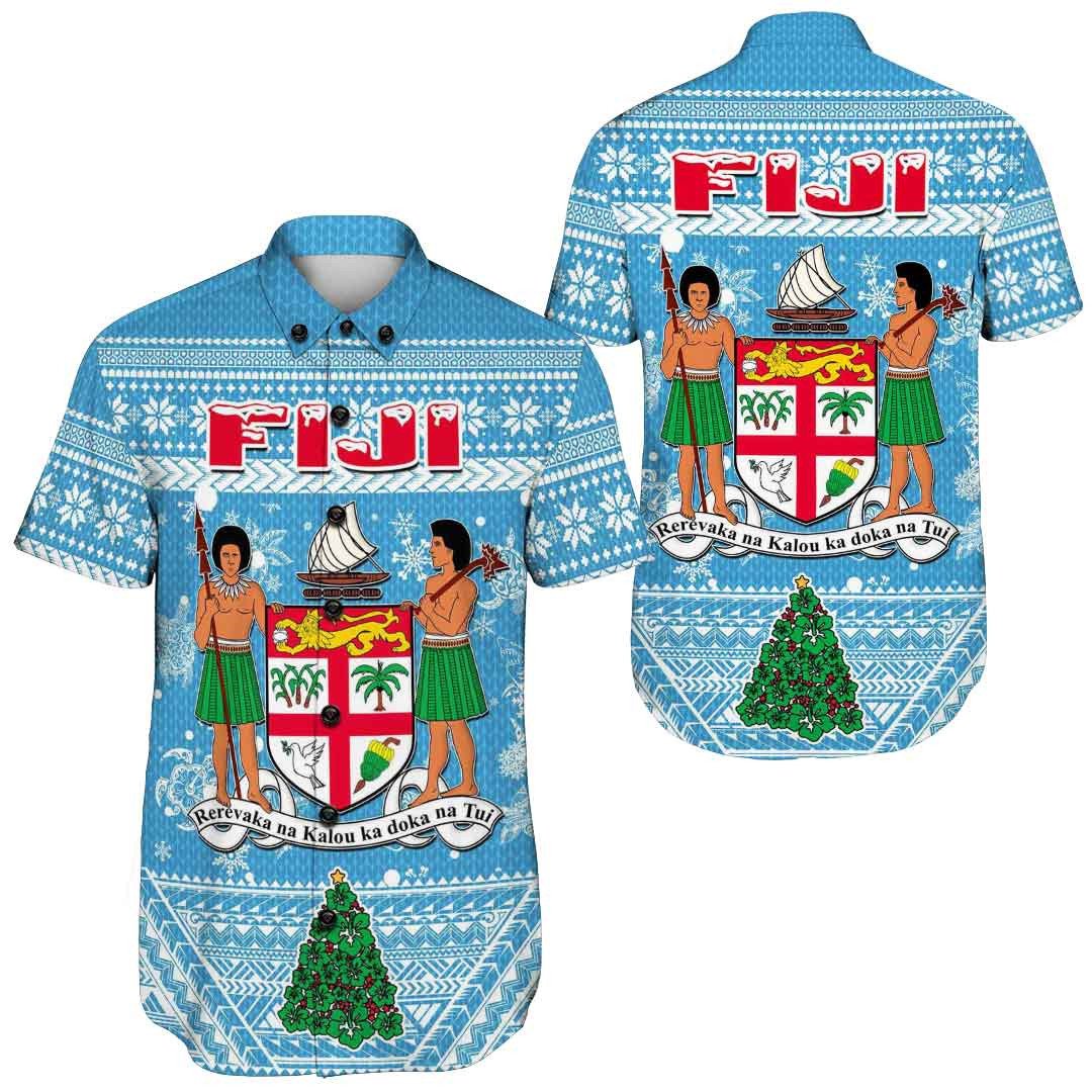 Short-sleeve button shirt, blue with snowflake print and large back crest graphic.