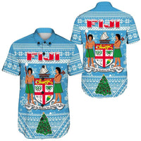 Short-sleeve button shirt, blue with snowflake print and large back crest graphic.