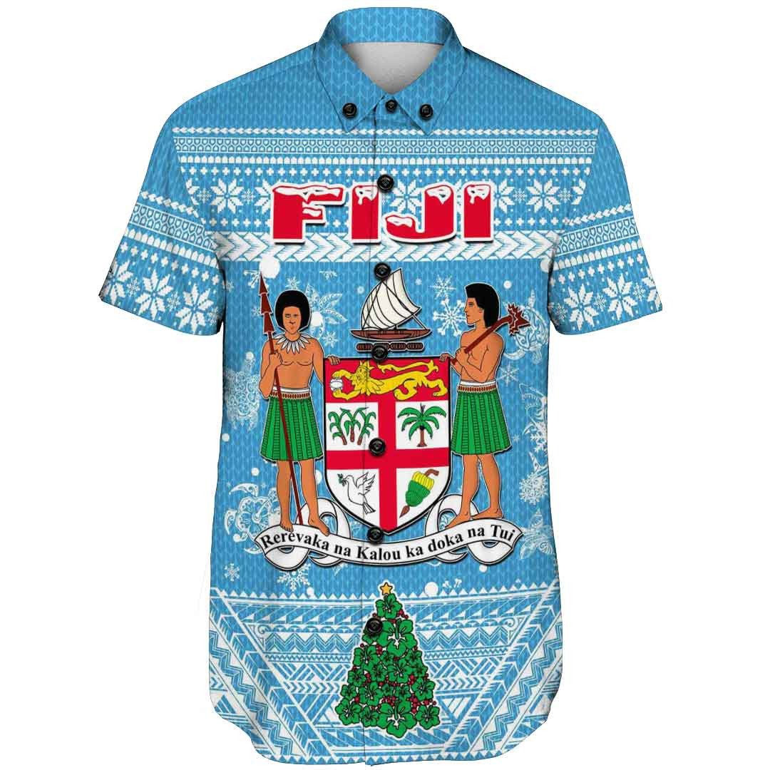Short-sleeve button shirt, blue with snowflake pattern and front crest graphic.