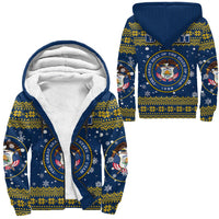 Sherpa-lined zip hoodie with navy blue print, yellow fair-isle trim, white hood lining