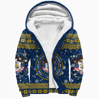 Sherpa-lined hoodie, blue with yellow fair-isle cuffs and snowflake pattern, white hood