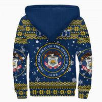 Sherpa hoodie back view, navy blue with yellow fair-isle bands and central state seal