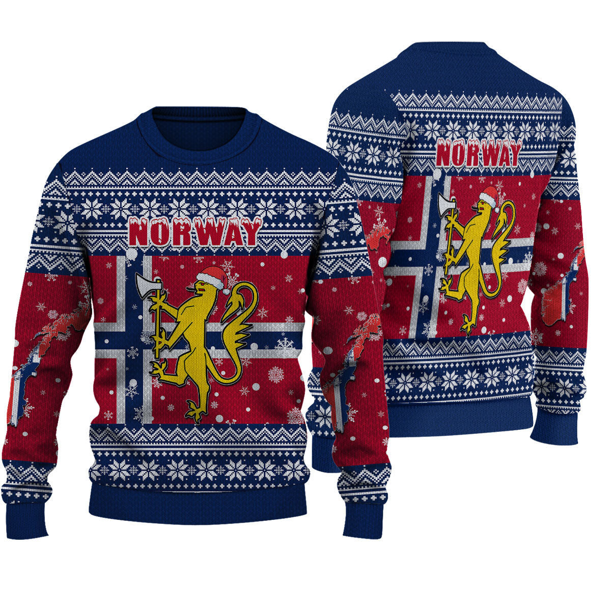 Navy and red knitted Norway graphic sweater, crew neck, long sleeves with snowflake patterns