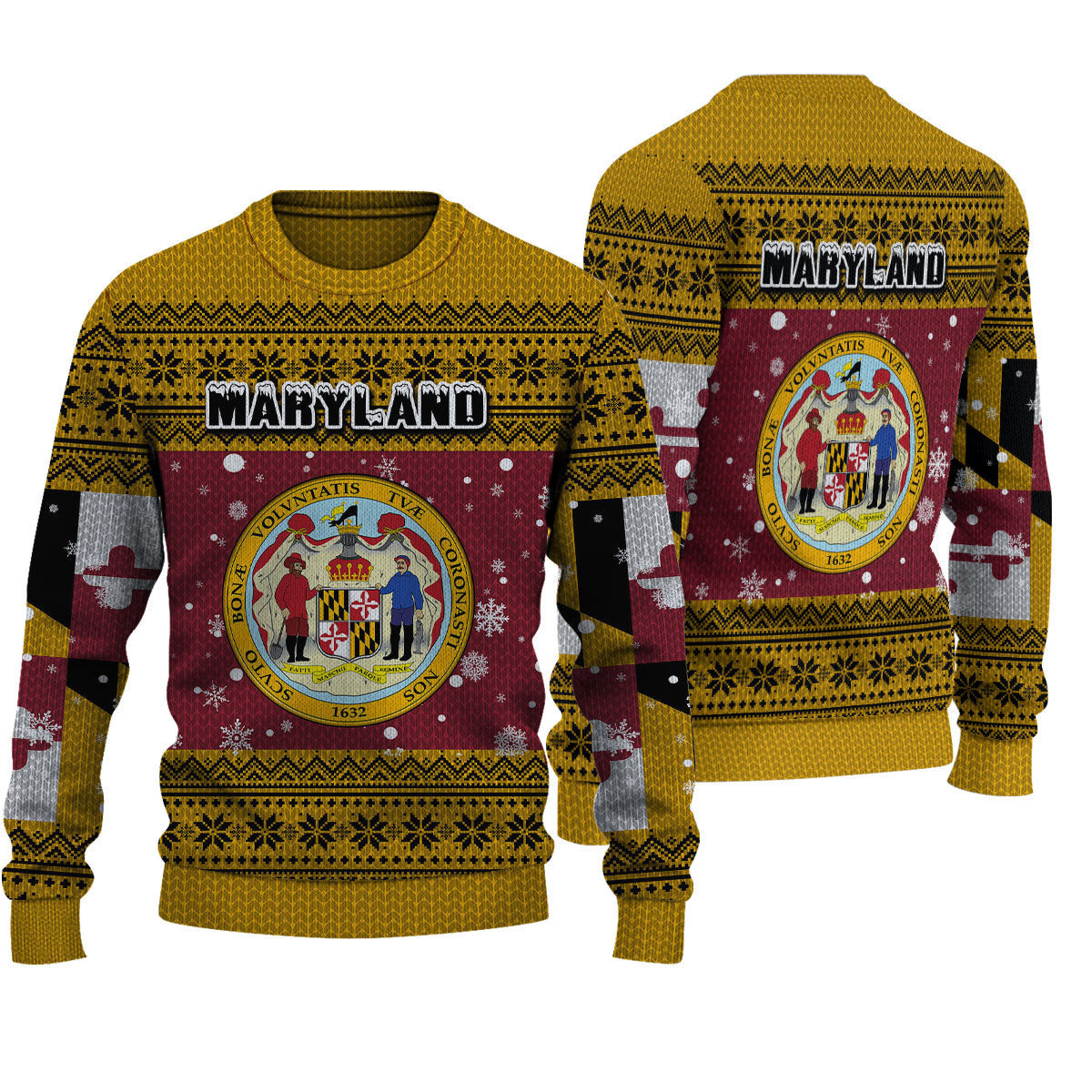 Knit ugly Christmas sweater in mustard yellow with Maryland crest graphic and Fair Isle pattern