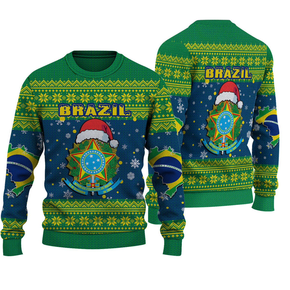 Green knitted Christmas sweater with Brazil text, flag shield graphic, snowflake pattern