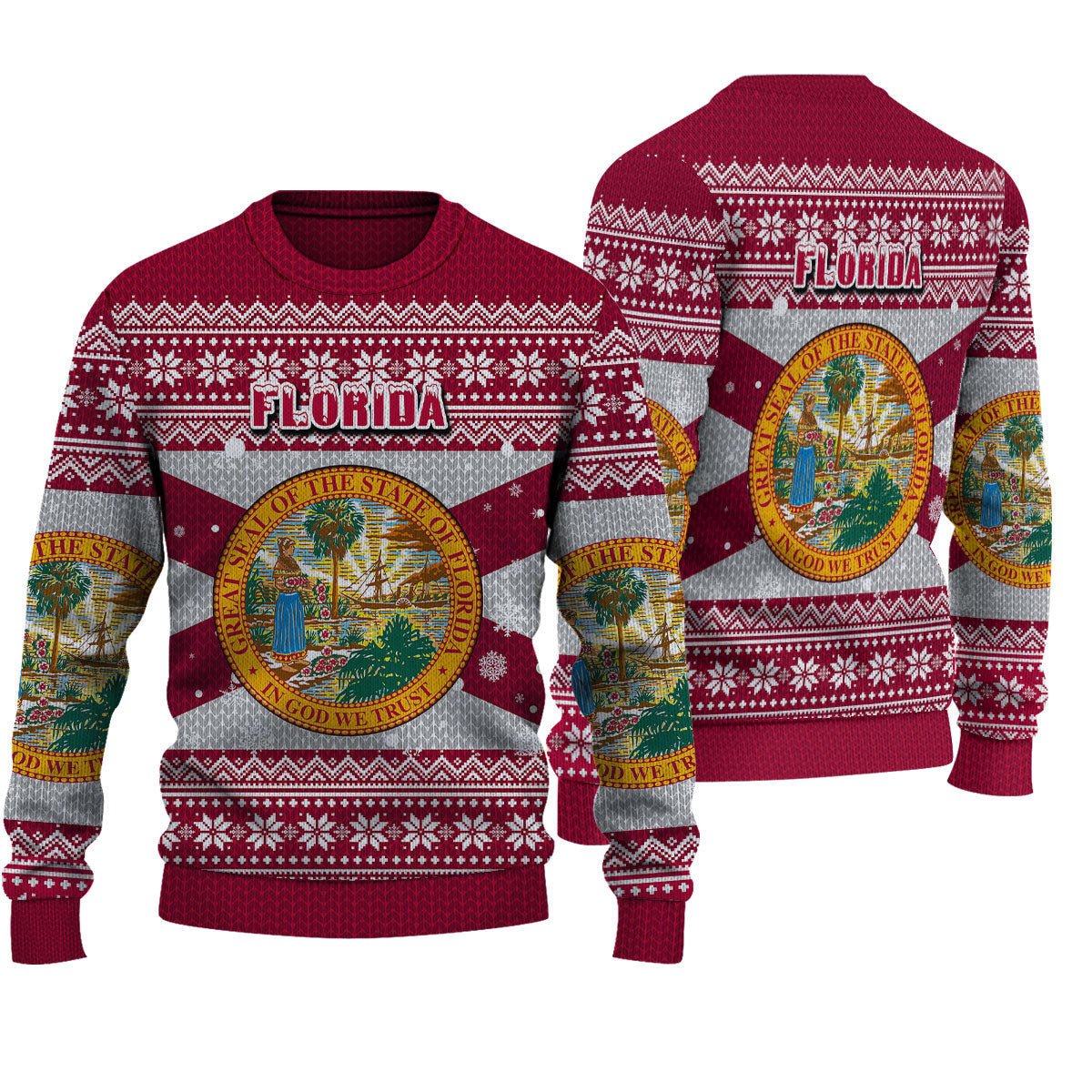 Burgundy knitted Christmas sweater with Florida crest and snowflake fair isle pattern