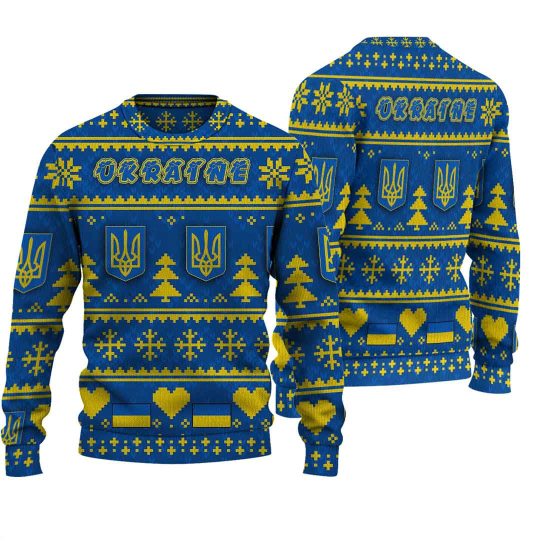 Knitted crewneck sweater in blue with yellow holiday patterns and trident emblems