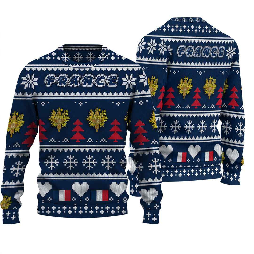 Navy blue knitted sweater with France text and Christmas trees, snowflake pattern.