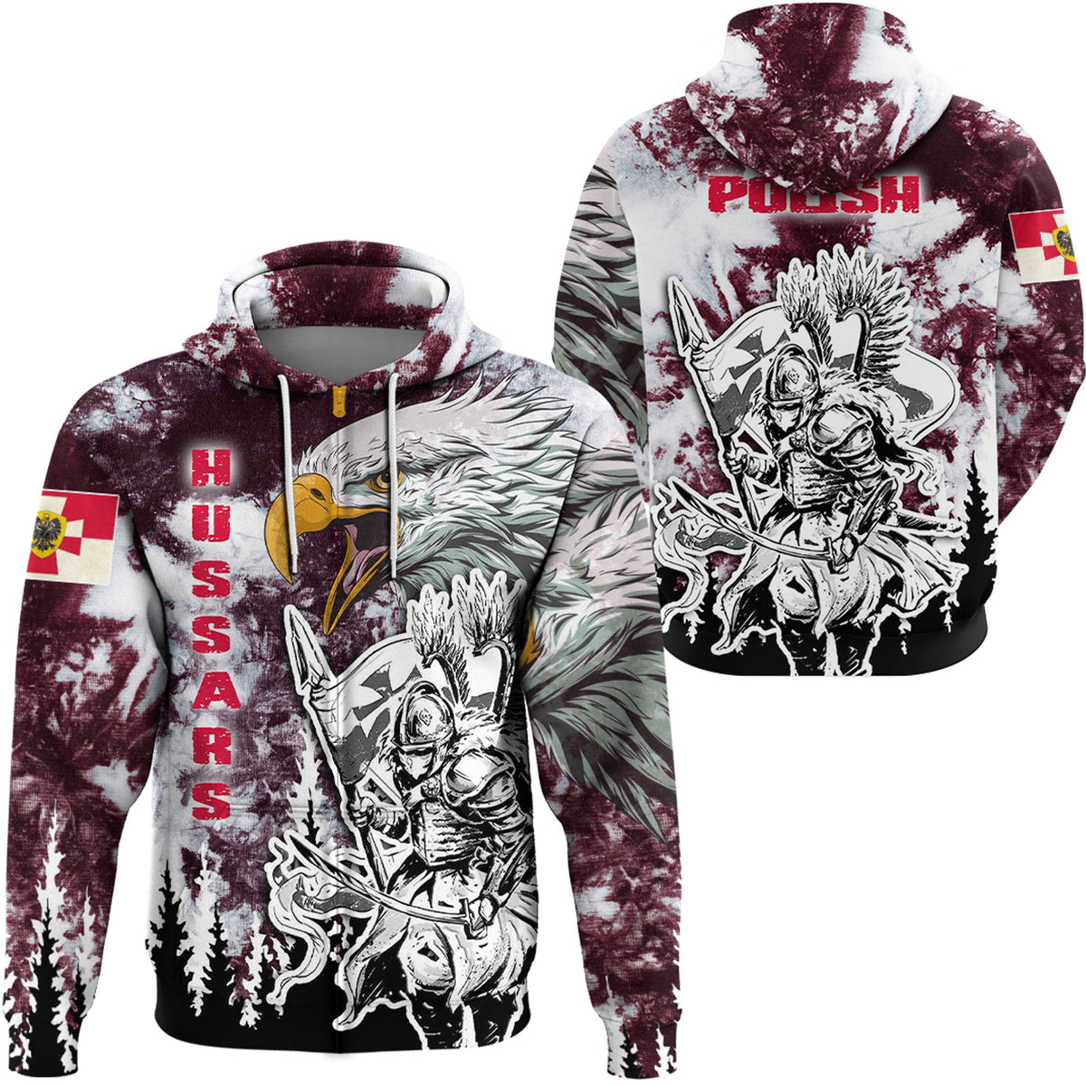 Hoodie with maroon-and-white tie-dye, eagle rider graphic, front pocket pouch